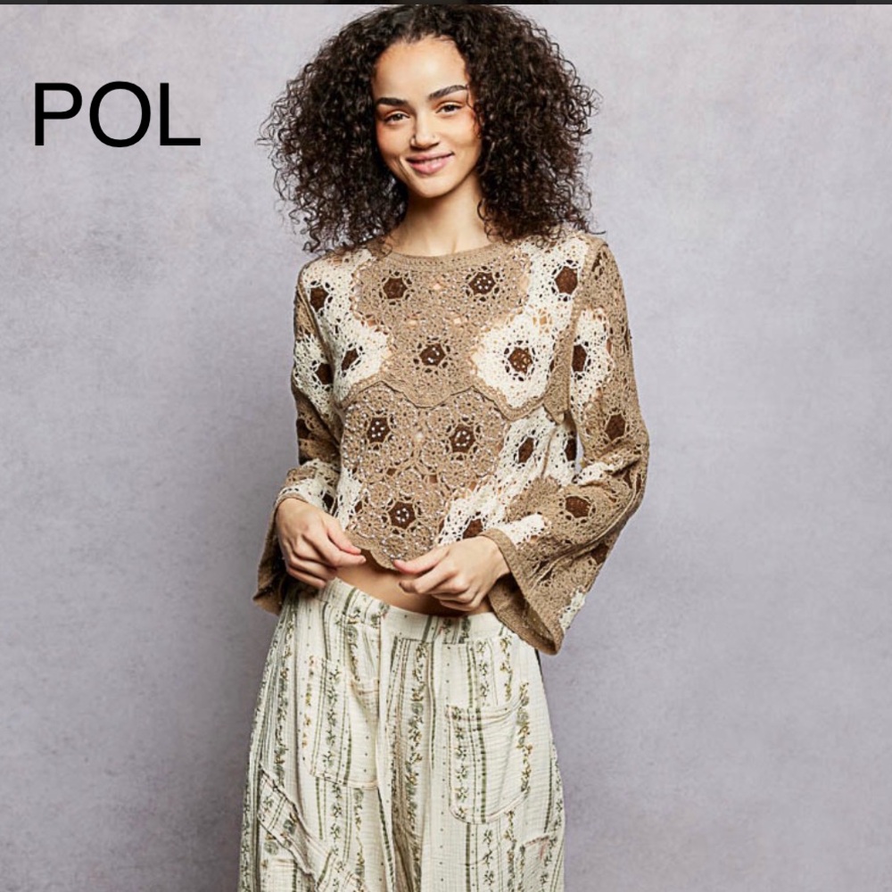 BP221-1🤎🤍NEW! POL pristine brown+cream Crochet Crop Top  w/bead details! Gorg! - Picture 7 of 8